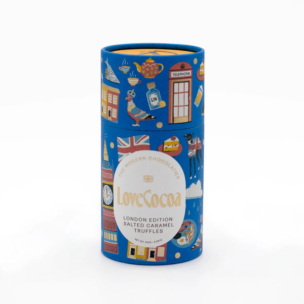 Love Cocoa London Edition Salted Caramel Truffles tube, front of illustrated London truffle tube