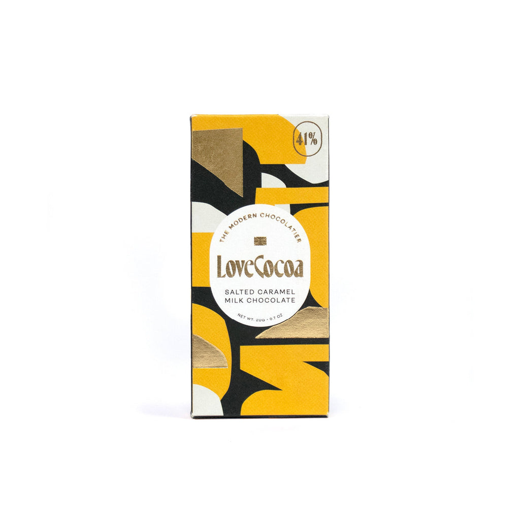 Love Cocoa Mini Salted Caramel 41% Milk Chocolate Bar, front of mini bar