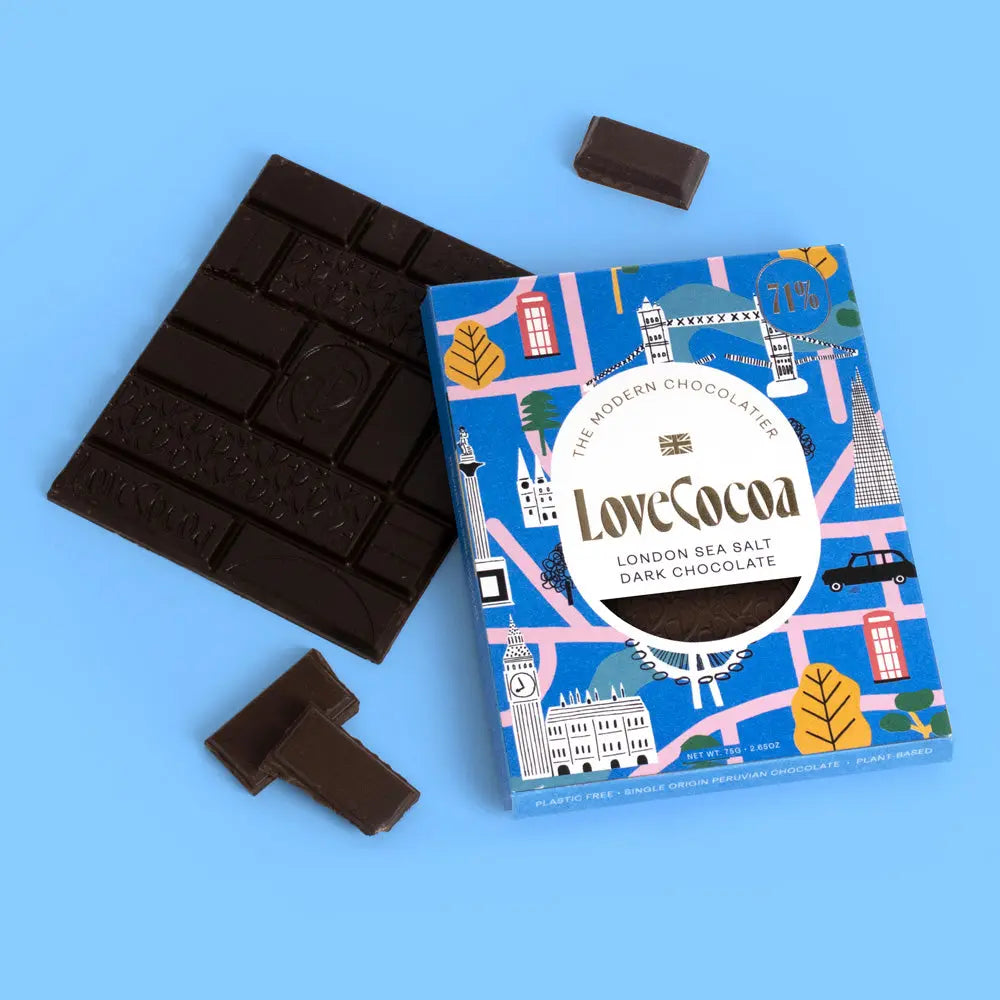 Love Cocoa London Edition British Maldon Sea Salt Dark Chocolate Bar, pack with broken pieces of dark chocolate on a blue background