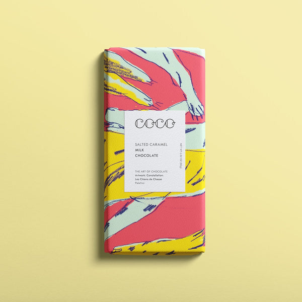 COCO Salted Caramel Milk Chocolate bar, front of pack on a pale yellow background