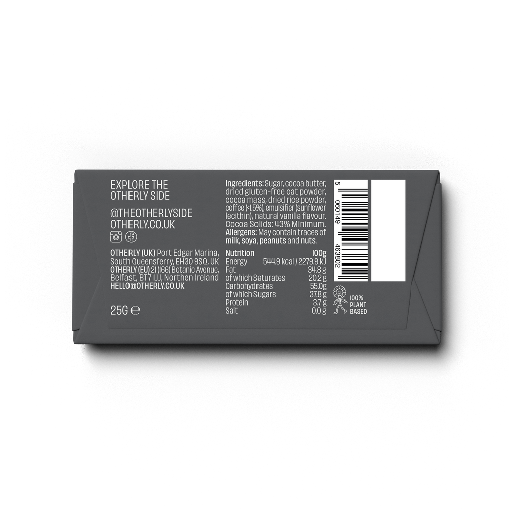 OTHERLY Original Plain Oat M!lk Chocolate 25g mini bar, back of pack with ingredients