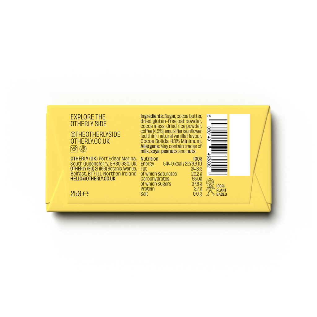 OTHERLY Salted Caramel Oat M!lk Chocolate 25g mini bar, back of pack with ingredients