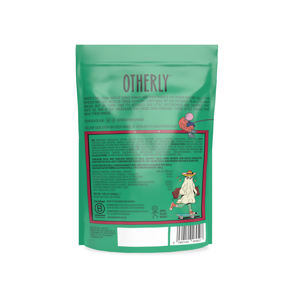 OTHERLY Original Plain Drinking Chocolate 200g, back of pouch with ingredients