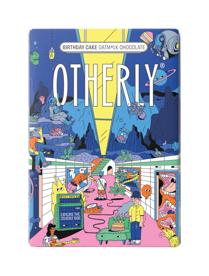OTHERLY Birthday Cake Oat M!lk Chocolate 120g, front of pack with illustrated party scene