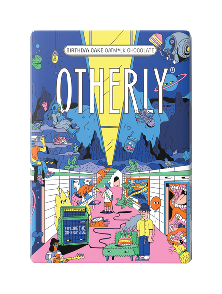 OTHERLY Birthday Cake Oat M!lk Chocolate 120g, front of pack with illustrated party scene
