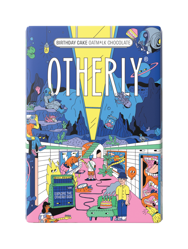 OTHERLY Birthday Cake Oat M!lk Chocolate 120g, front of pack with illustrated party scene