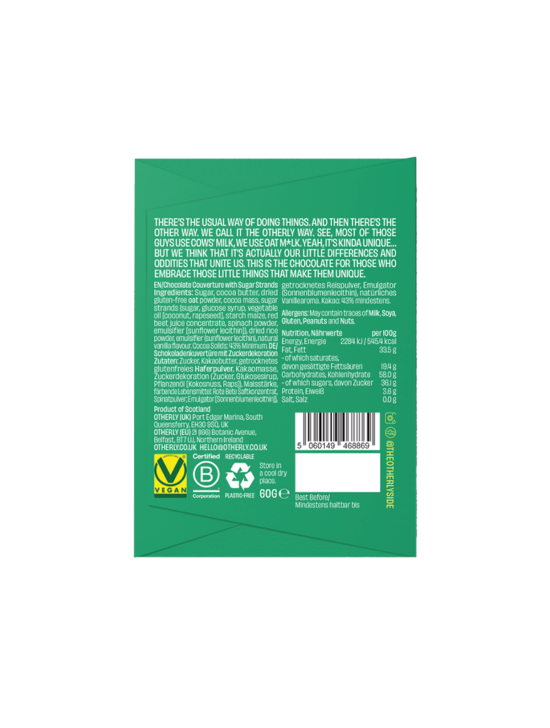 OTHERLY Birthday Cake Oat M!lk Chocolate 60g, back of pack with ingredients