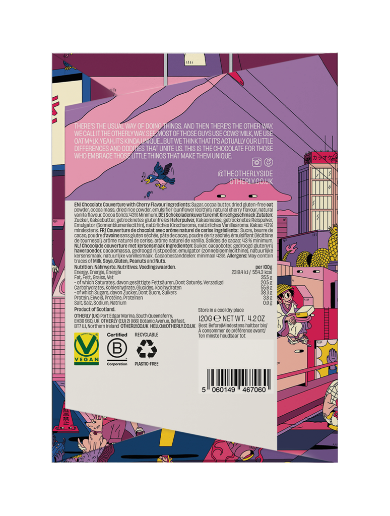 OTHERLY Cherry Oat M!lk Chocolate 120g, back of pack with ingredients