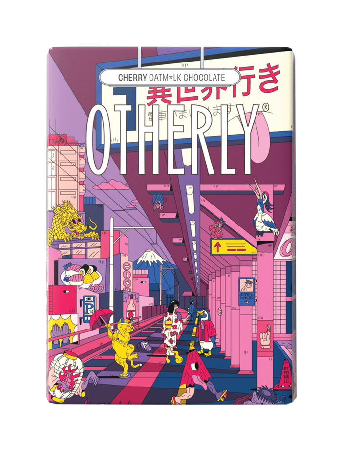 OTHERLY Cherry Oat M!lk Chocolate 120g, front of pack with illustrated Tokyo street scene