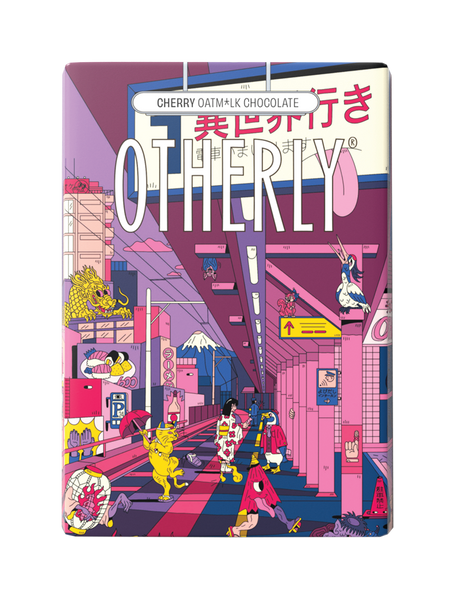 OTHERLY Cherry Oat M!lk Chocolate 120g, front of pack with illustrated Tokyo street scene