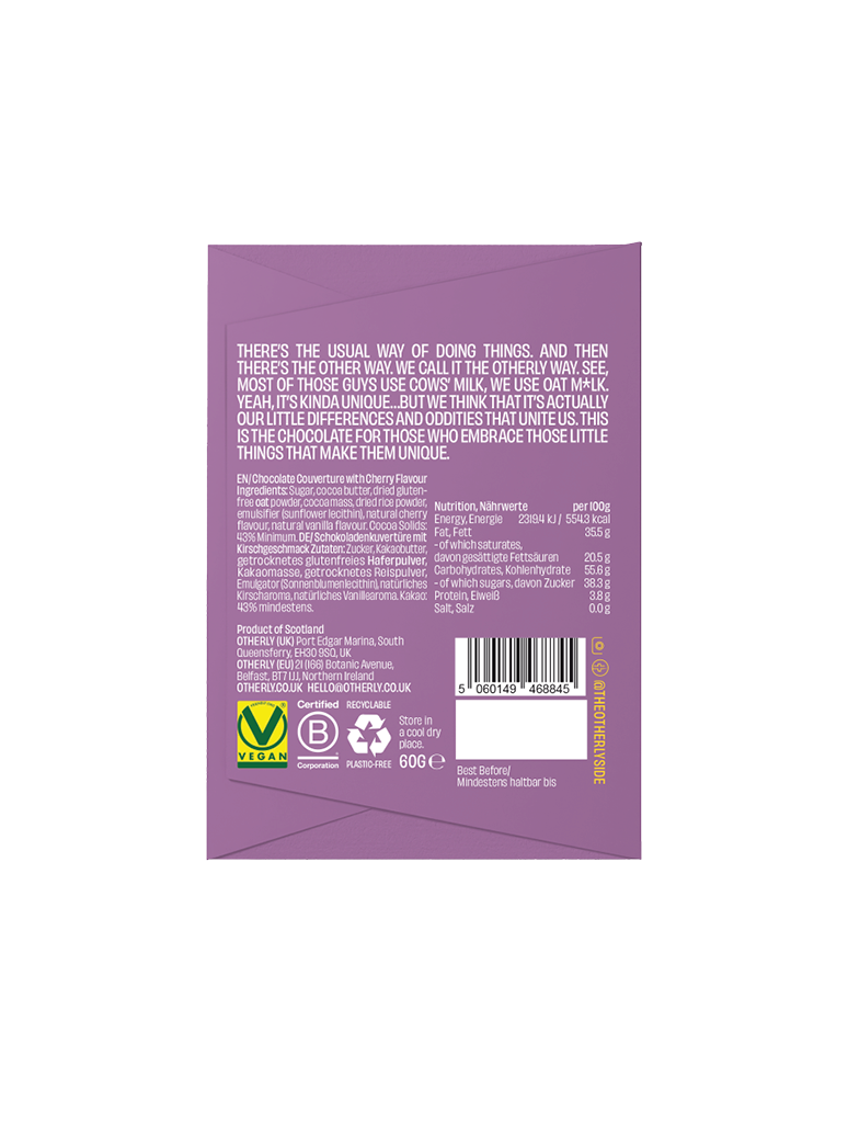 OTHERLY Cherry Oat M!lk Chocolate 60g, back of pack with ingredients