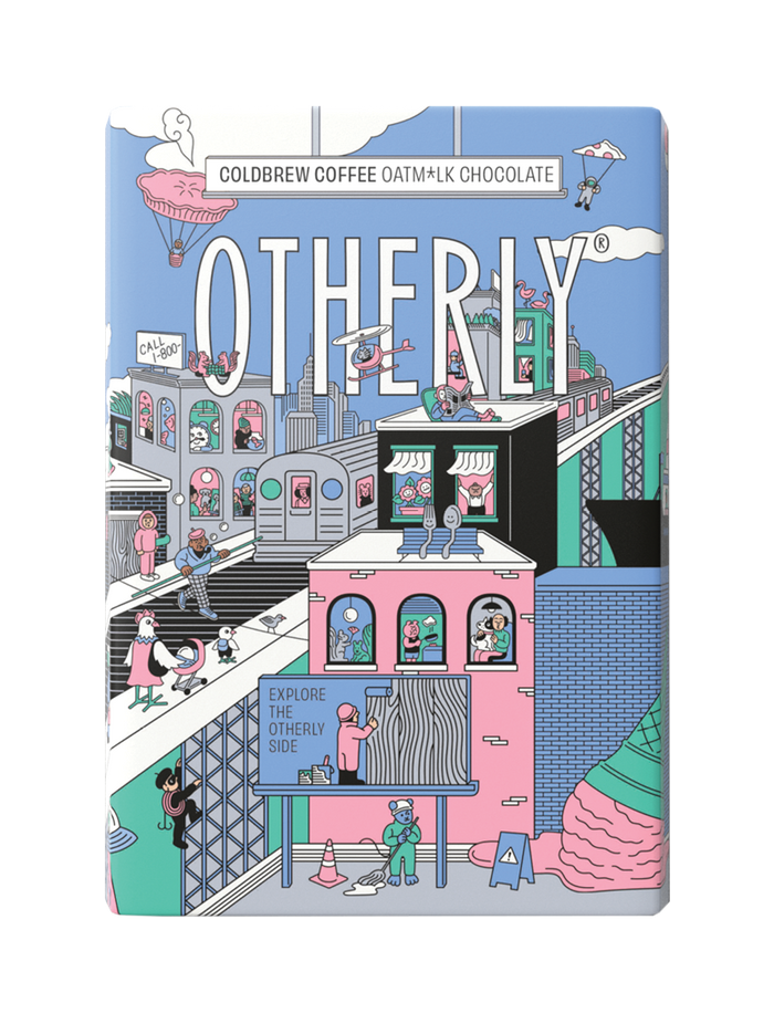 OTHERLY Cold Brew Coffee Oat M!lk Chocolate 120g, front of pack with illustrated city scene