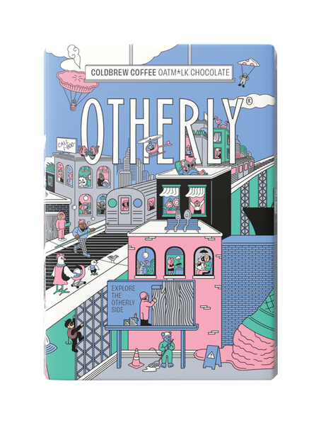 OTHERLY Cold Brew Coffee Oat M!lk Chocolate 120g, front of pack with illustrated city scene