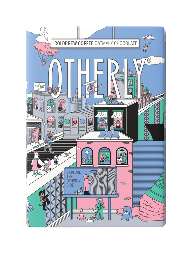 OTHERLY Cold Brew Coffee Oat M!lk Chocolate 120g, front of pack with illustrated city scene