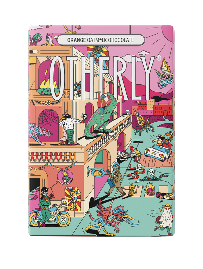 OTHERLY Orange Oat M!lk Chocolate 120g, front of pack with illustrated street scene