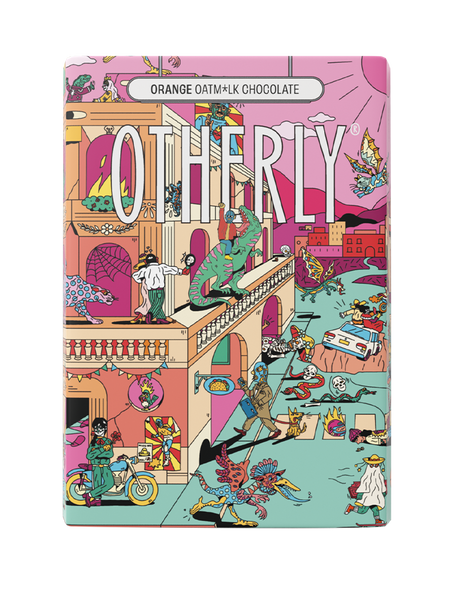 OTHERLY Orange Oat M!lk Chocolate 120g, front of pack with illustrated street scene