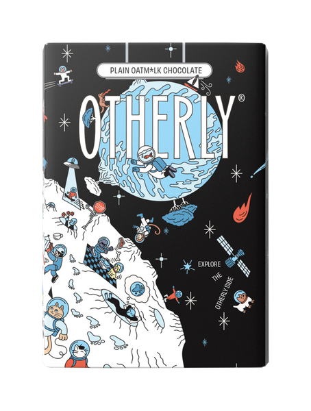 OTHERLY Plain Oat M!lk Chocolate 120g, front of pack with illustrated space scene