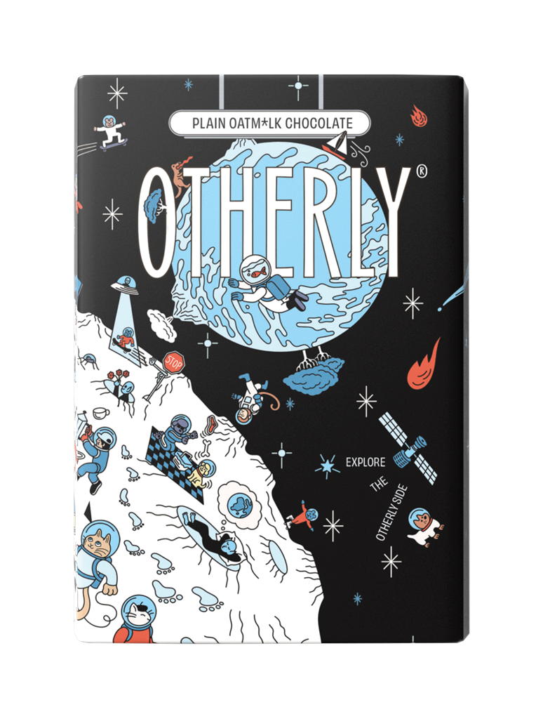 OTHERLY Plain Oat M!lk Chocolate 120g, front of pack with illustrated space scene