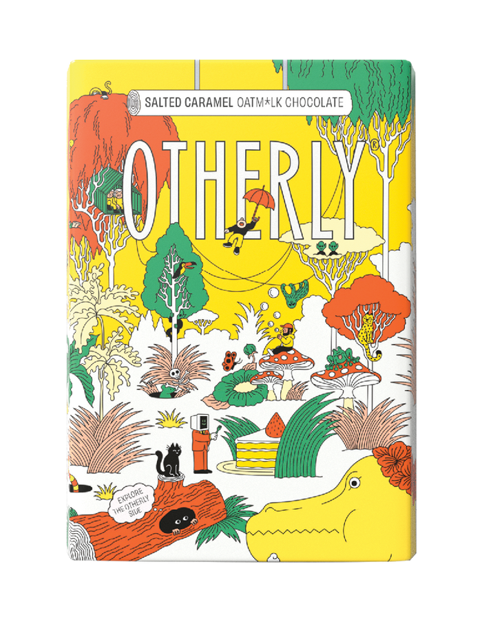 OTHERLY Salted Caramel Oat M!lk Chocolate 120g, front of pack with illustrated jungle scene