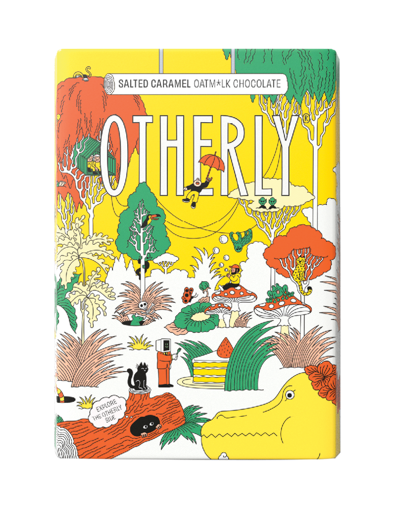 OTHERLY Salted Caramel Oat M!lk Chocolate 120g, front of pack with illustrated jungle scene