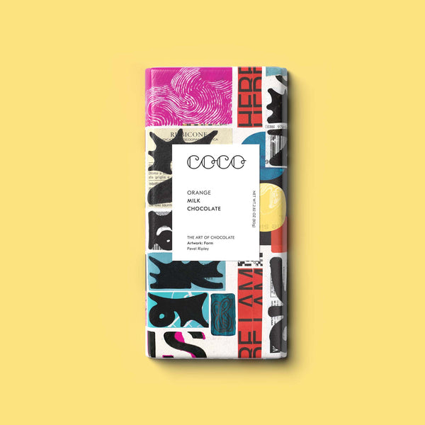 COCO Orange Milk Chocolate bar, front of pack on a yellow background