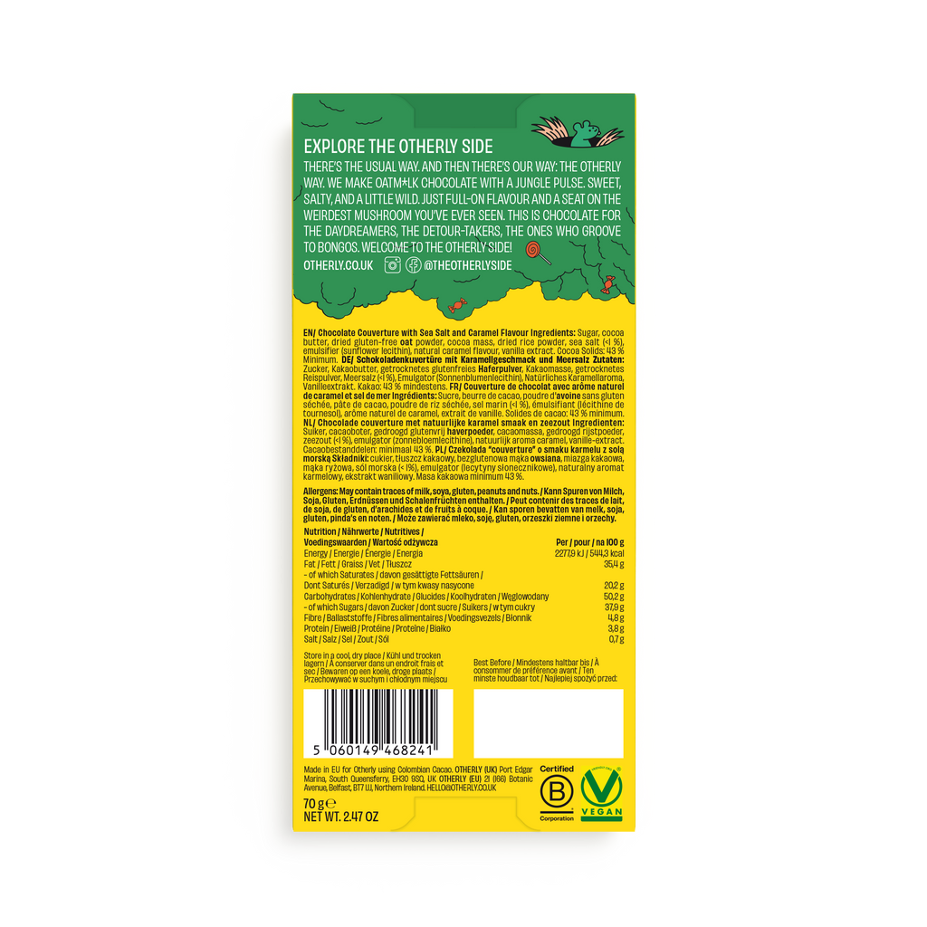 OTHERLY Salted Caramel Oat M!lk Chocolate 70g, back of pack with ingredients