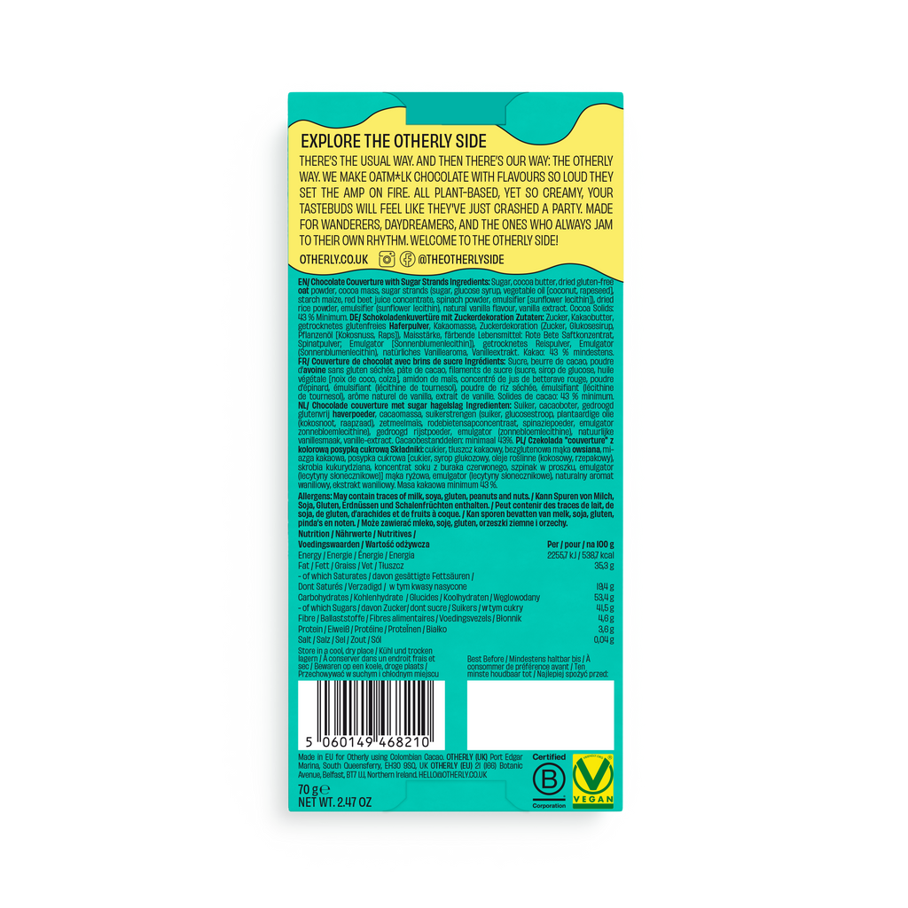 OTHERLY Birthday Cake Oat M!lk Chocolate 70g, back of pack with ingredients