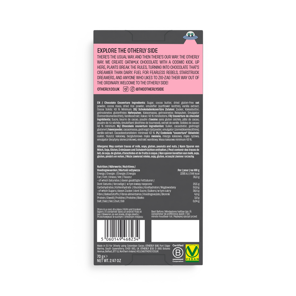 OTHERLY Original Plain Oat M!lk Chocolate 70g, back of pack with ingredients