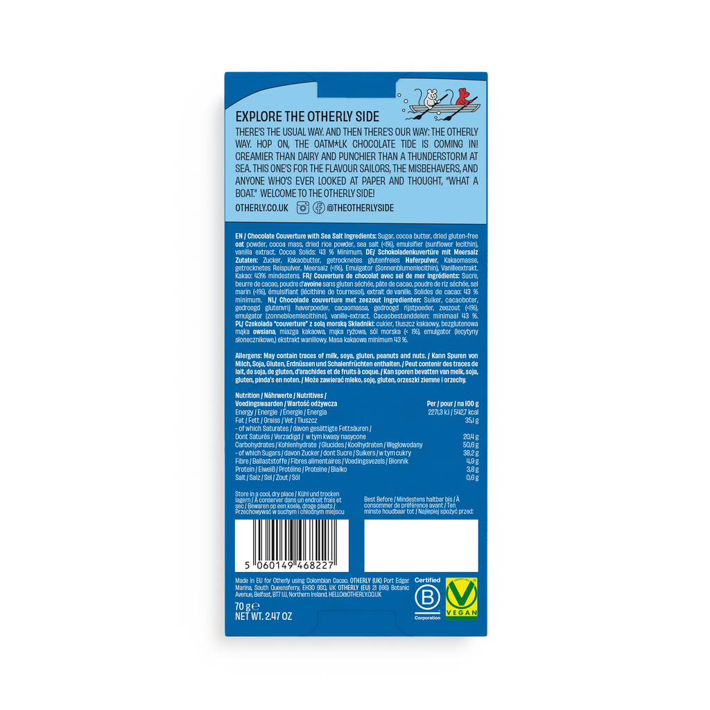 OTHERLY Sea Salt Oat M!lk Chocolate 70g, back of pack with ingredients