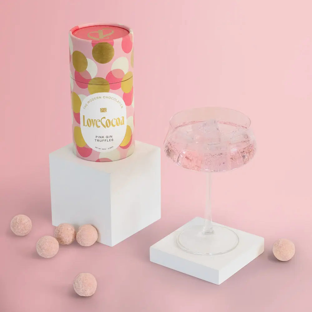Love Cocoa Pink Gin White Chocolate Truffles, truffle tube with a glass of pink gin and truffles