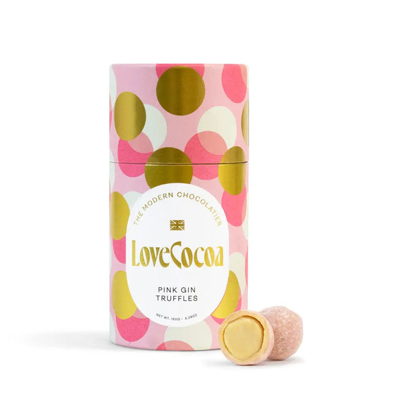 Love Cocoa Pink Gin White Chocolate Truffles, truffle tube with a halved truffle