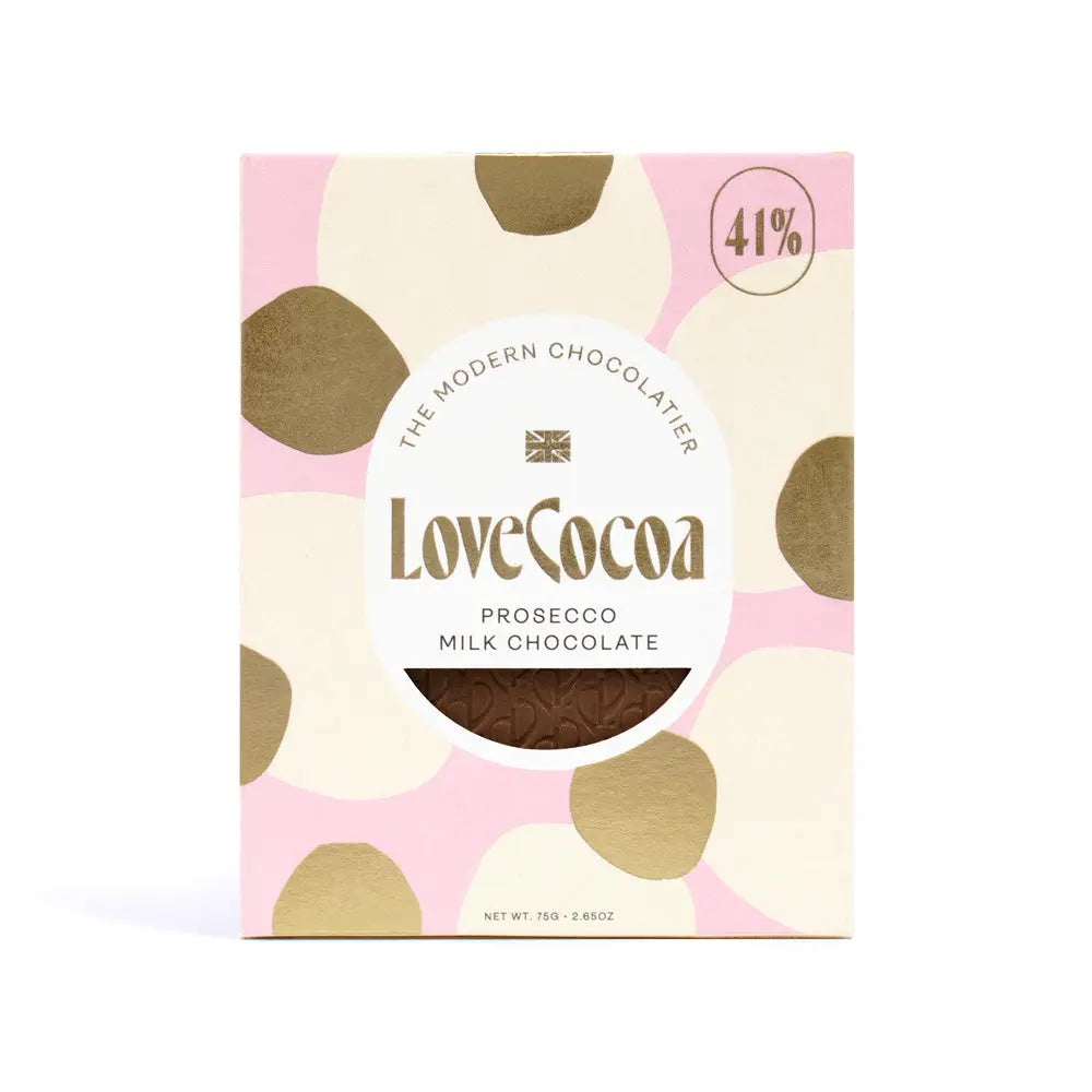 Love Cocoa Prosecco 41% Milk Chocolate Bar, front of pack