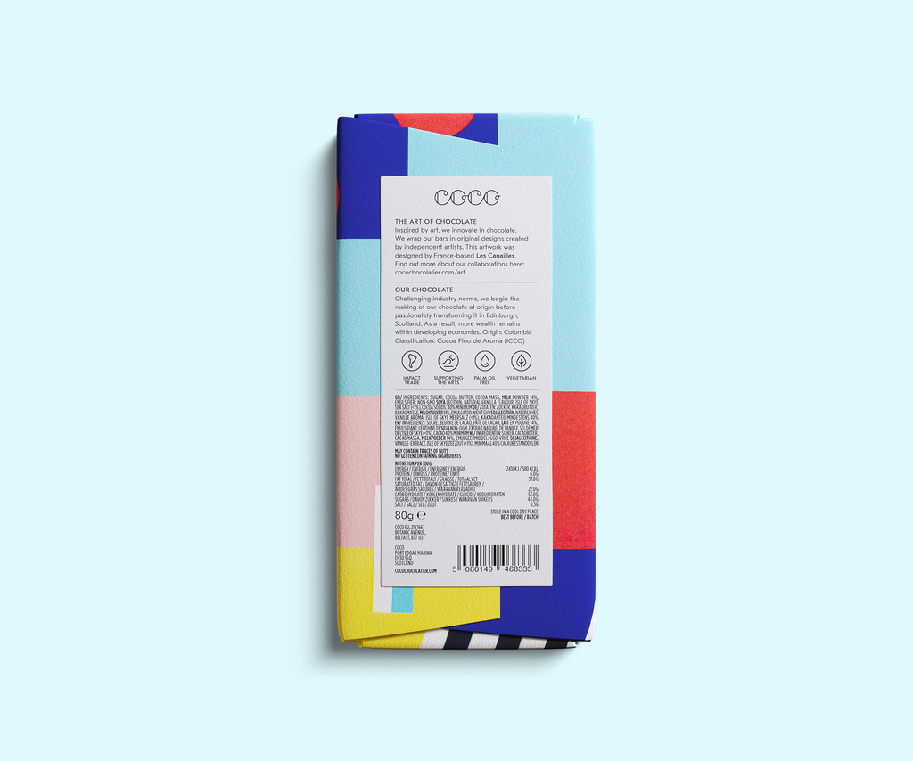 COCO Isle of Skye Sea Salt Milk Chocolate bar, back of pack on a pale blue background