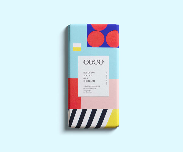 COCO Isle of Skye Sea Salt Milk Chocolate bar, front of pack on a pale blue background