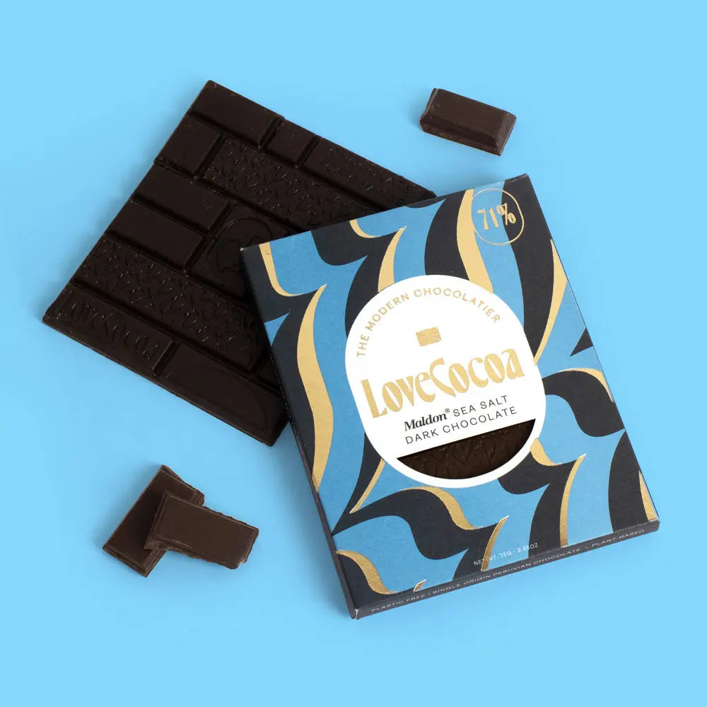 Love Cocoa Maldon Sea Salt Dark Chocolate Bar, pack with broken pieces of dark chocolate on a blue background