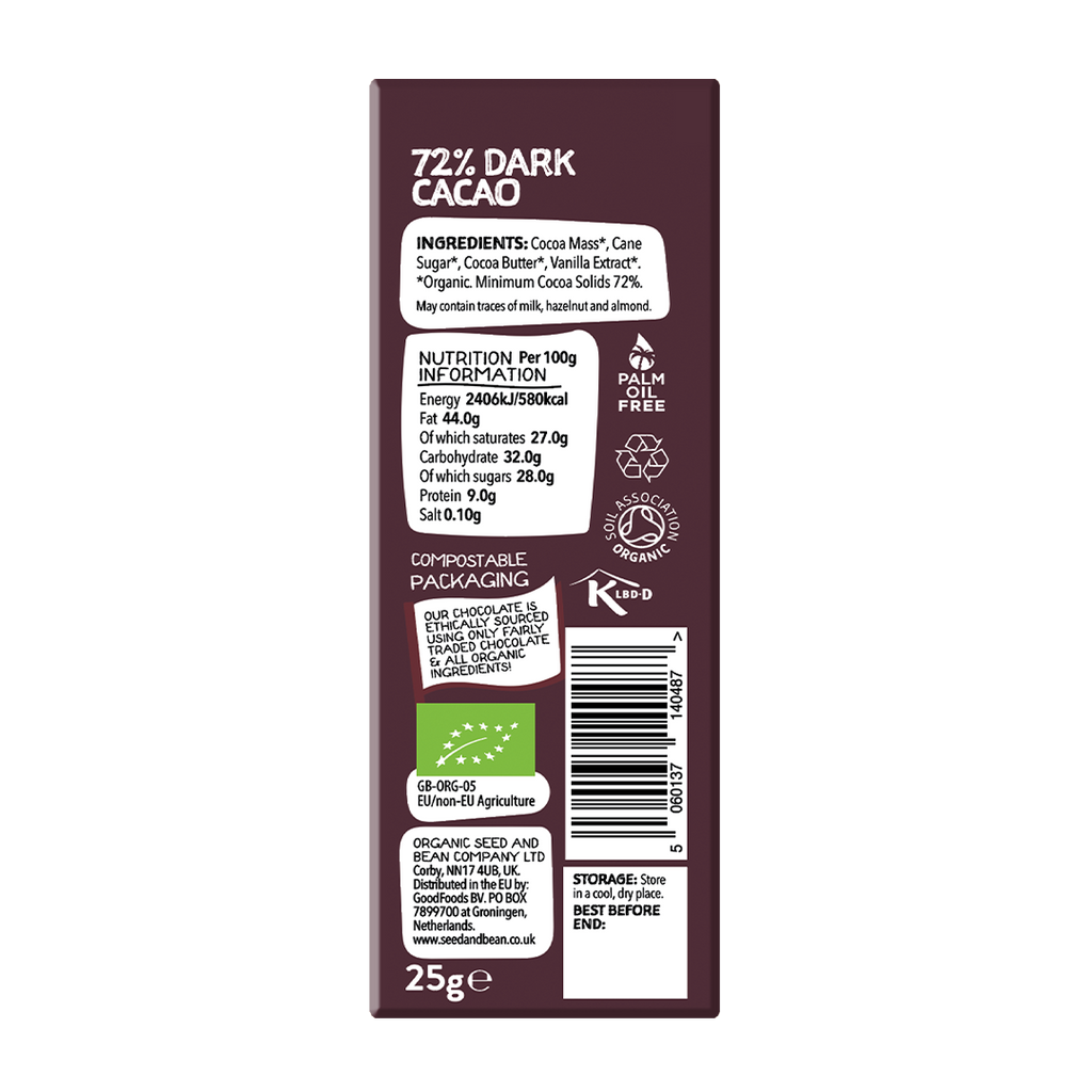 Seed & Bean Extra Dark Chocolate 72% mini bar 25g, back of pack with ingredients