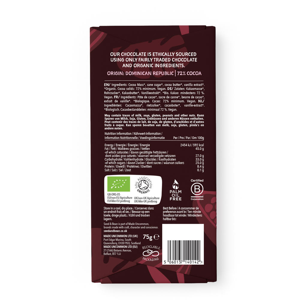Seed & Bean Extra Dark Chocolate 75g Bar – back of pack