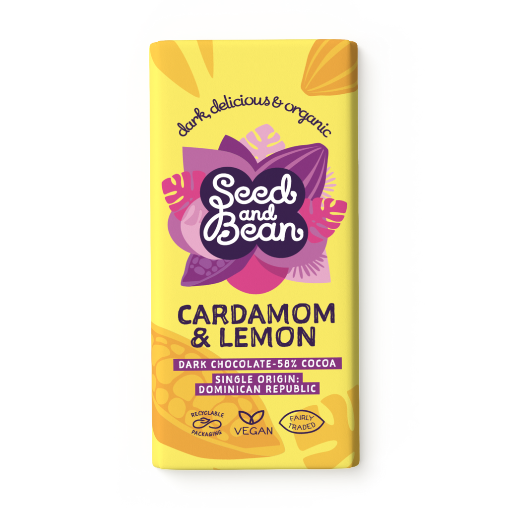 Seed & Bean Aromatic Cardamom & Lemon Fine Dark Chocolate 75g Bar – front of pack