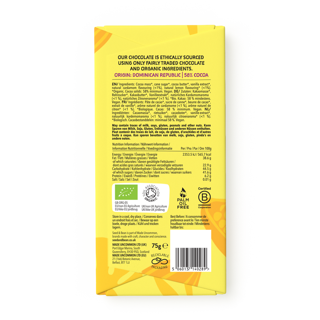 Seed & Bean Aromatic Cardamom & Lemon Fine Dark Chocolate 75g Bar – back of pack