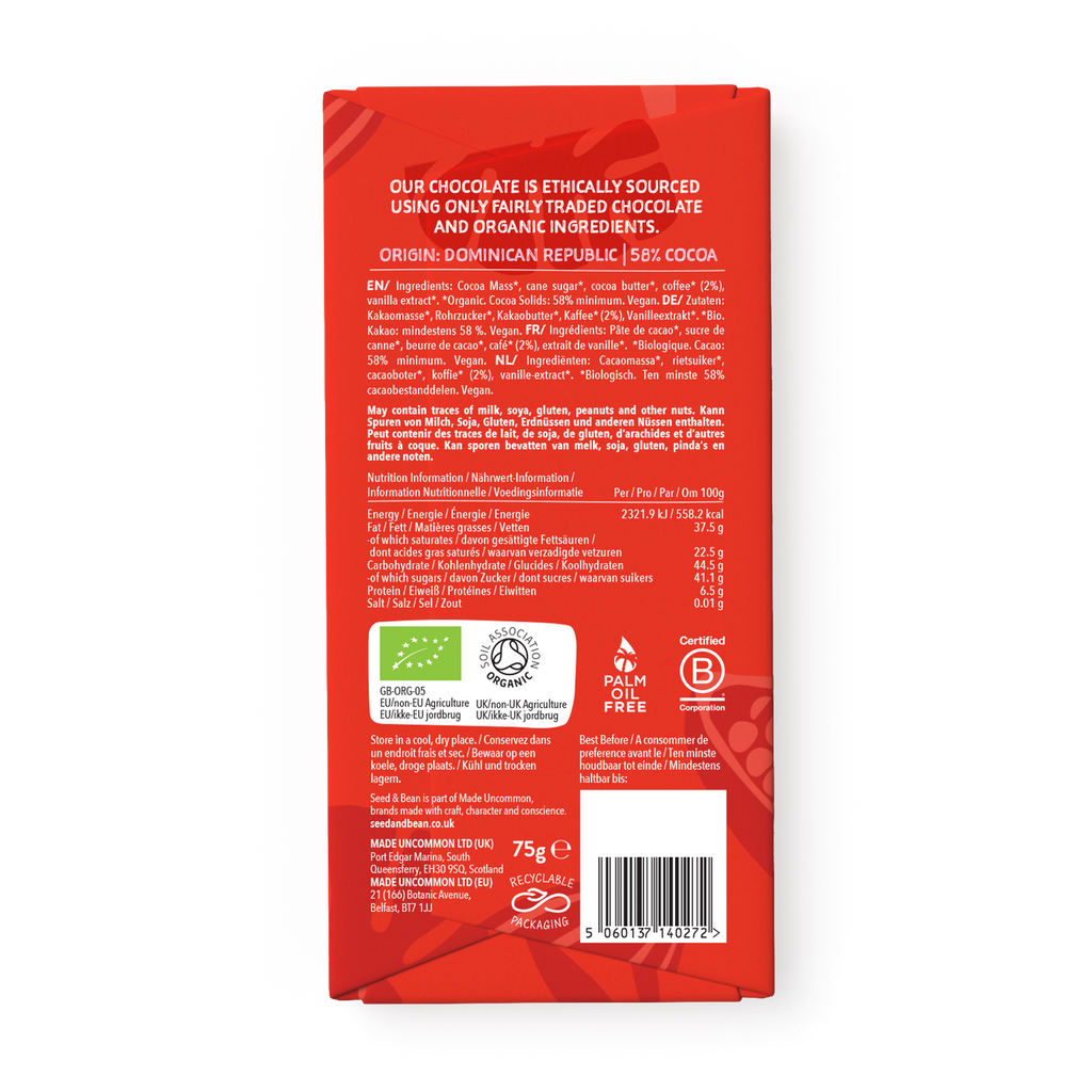 Seed & Bean Dark Espresso Chocolate 75g Bar – back of pack