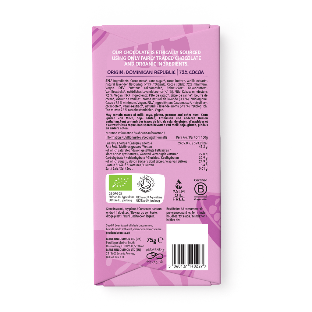 Seed & Bean Sweet Lavender Extra Dark Chocolate 75g Bar – back of pack