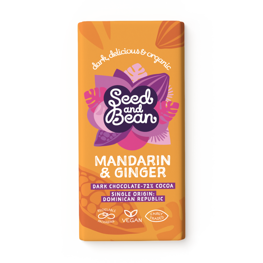 Seed & Bean Zesty Mandarin & Spicy Ginger Extra Dark Chocolate 75g Bar – front of pack