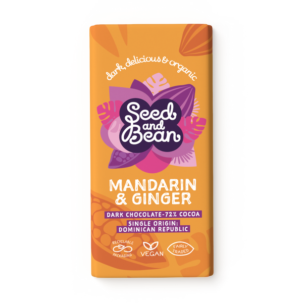 Seed & Bean Zesty Mandarin & Spicy Ginger Extra Dark Chocolate 75g Bar – front of pack