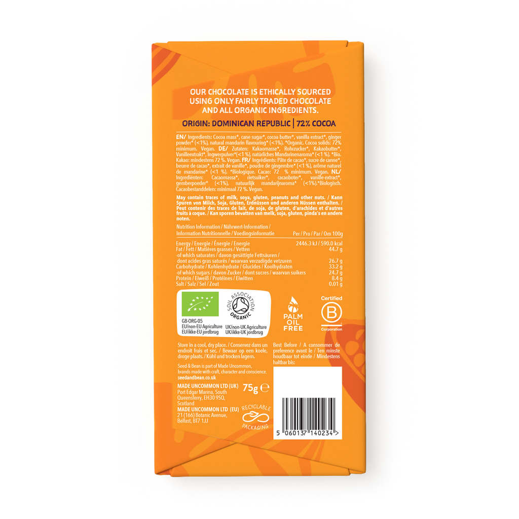 Seed & Bean Zesty Mandarin & Spicy Ginger Extra Dark Chocolate 75g Bar – back of pack