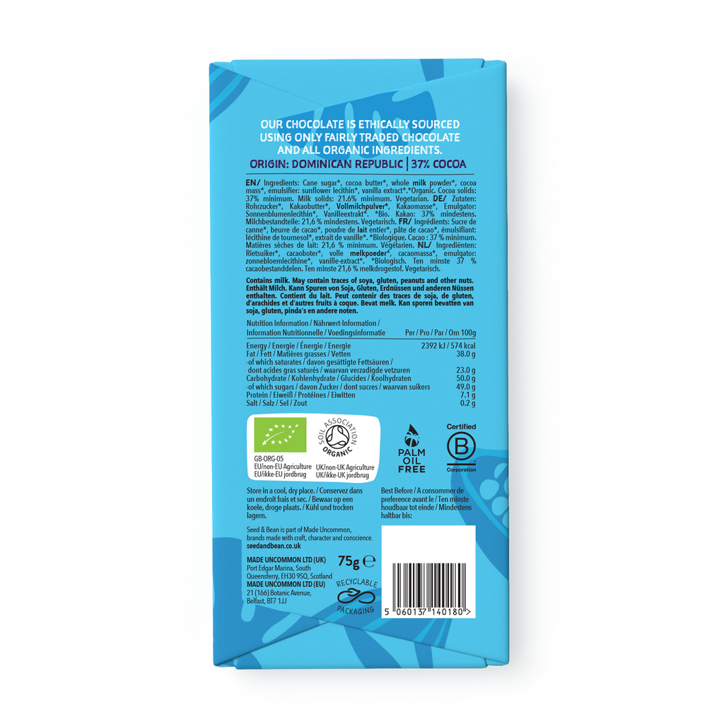 Seed & Bean Rich Milk Chocolate 75g Bar – back of pack