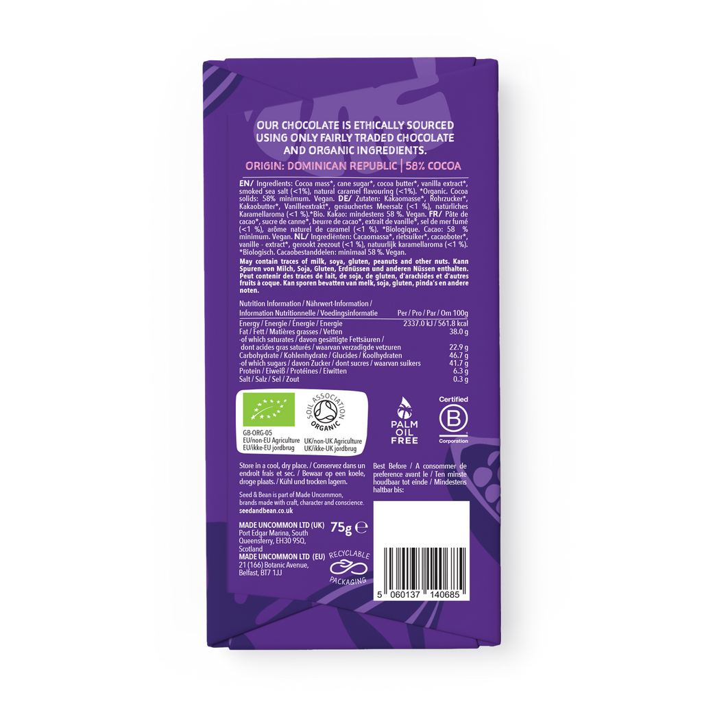 Seed & Bean Salted Caramel Dark Chocolate 75g Bar – back of pack