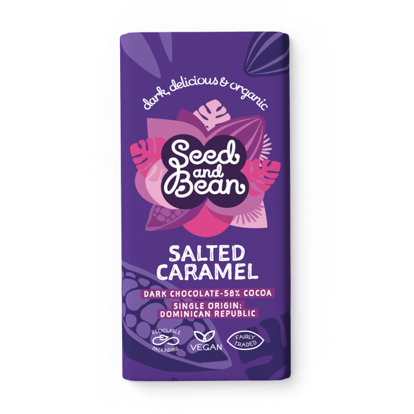 Seed & Bean Salted Caramel Dark Chocolate 75g Bar – front of pack