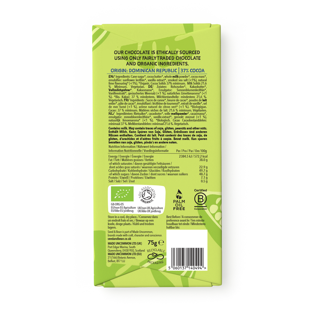 Seed & Bean Cornish Sea Salt & Tangy Lime Milk Chocolate 75g Bar – back of pack