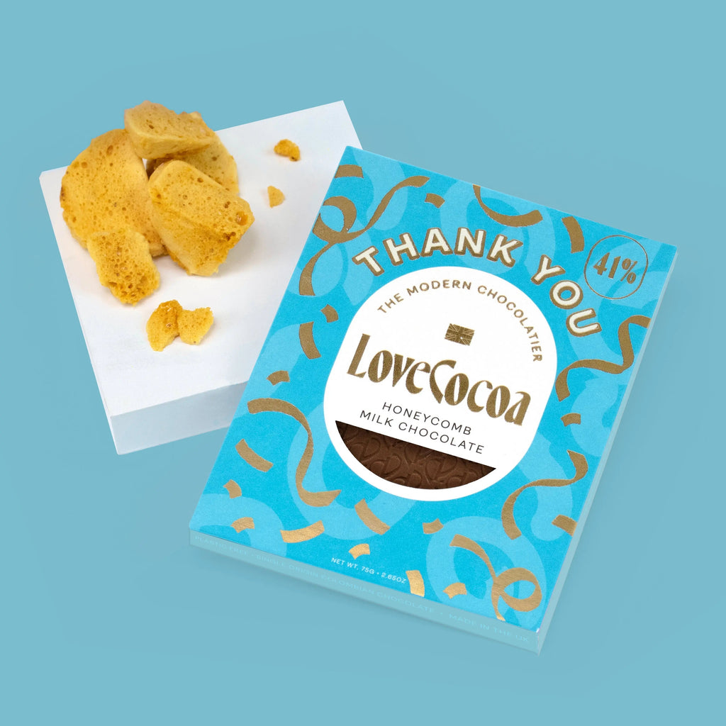 Love Cocoa Thank You Honeycomb Milk Chocolate Bar, Thank You pack with pieces of honeycomb