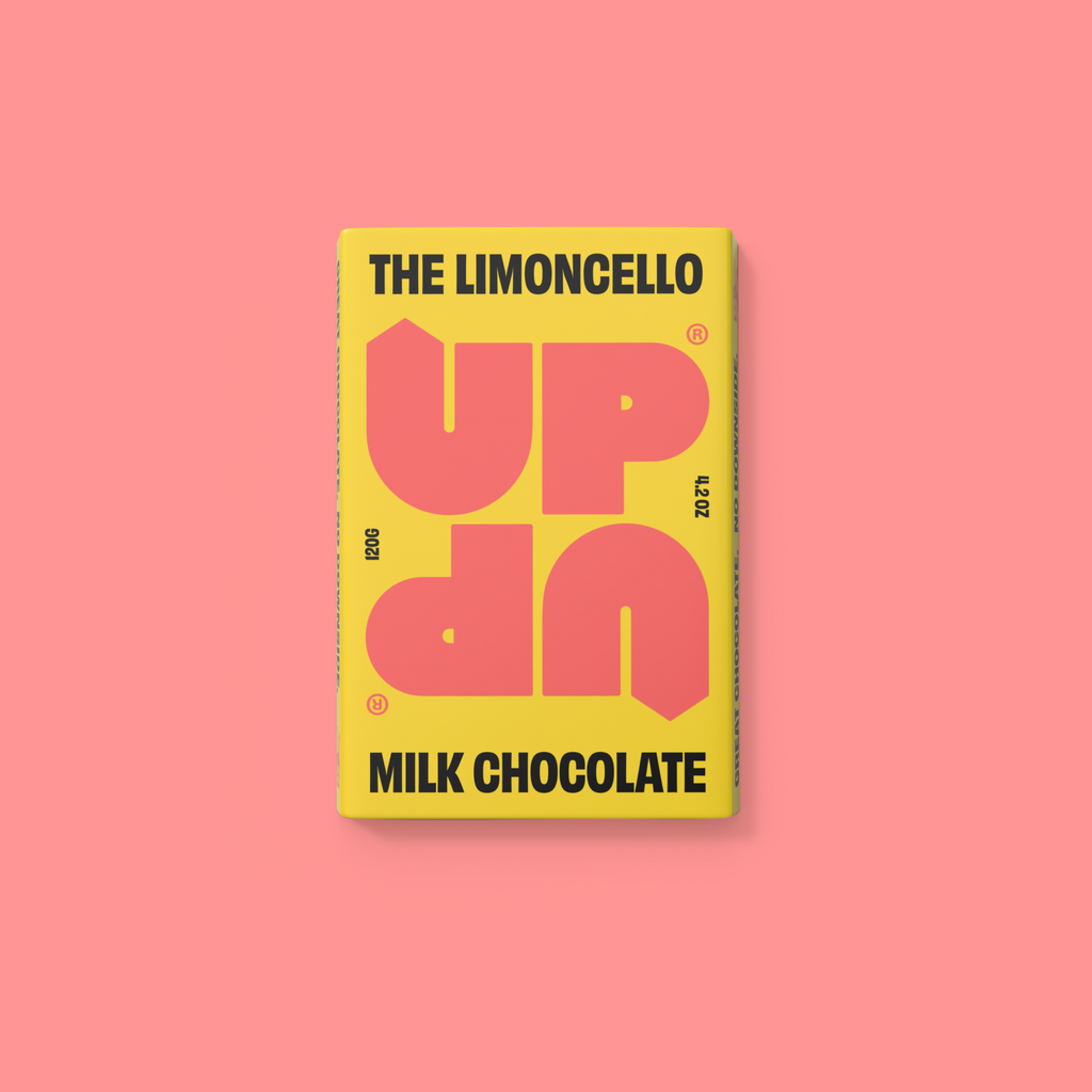 UP-UP The Limoncello Milk Chocolate 120g, front of pack on a pink background